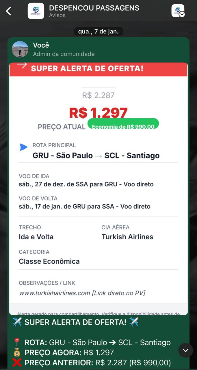 Alerta de oferta São Paulo para Santiago com economia de R$990